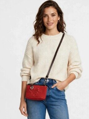 Brighten Reddish Crochet  Crossbody Bag with Heart Charm Clean Interior